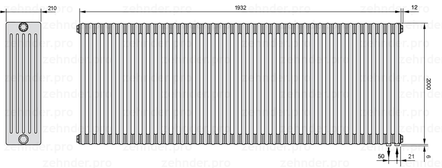 Схема (чертеж) Радиатор Zehnder Charleston 6200/42 №5510 Белый глянцевый RAL 9016